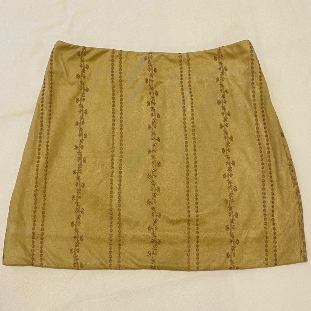 The Impeccable Pig, Tan, Suede, Embroidered Mini Skirt